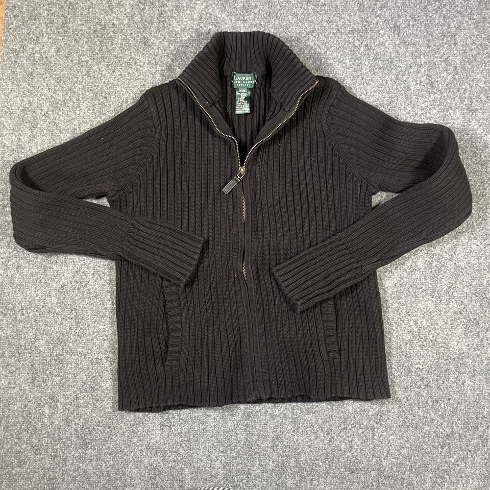 Lauren Ralph Lauren Sweater Womens PMedium‎ Black Full Zip Mock Neck Chunky-Knit